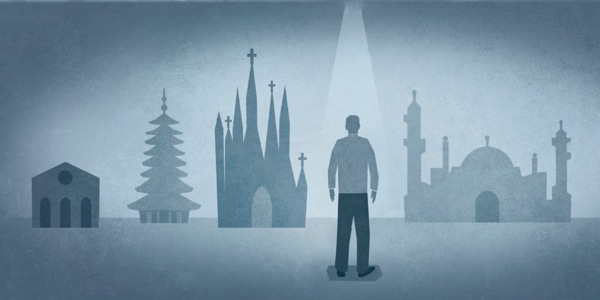 Disegno di un uomo in piedi davanti a diversi edifici religiosi