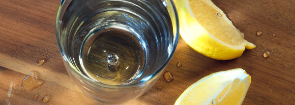 Bicchiere di acqua pulita e pezzi di limone