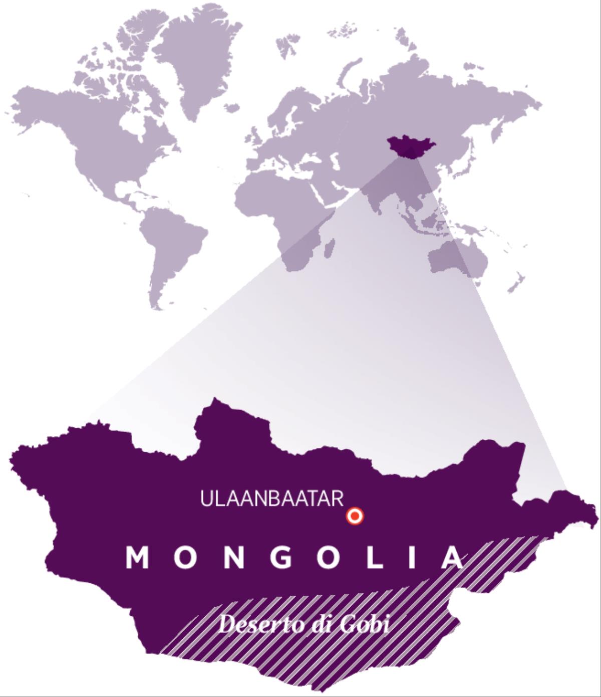 Cartina del mondo che mostra la posizione della Mongolia