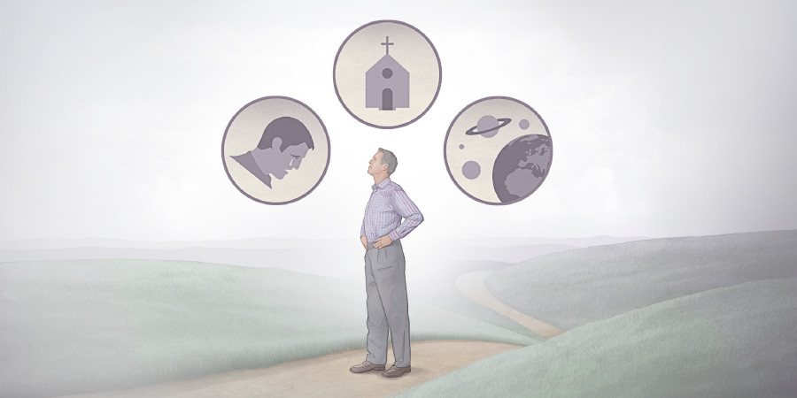 Un uomo pensa alla religione, all’esistenza umana e all’universo