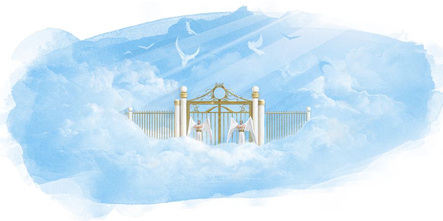 Una rappresentazione artistica del cielo con due angeli davanti a un cancello