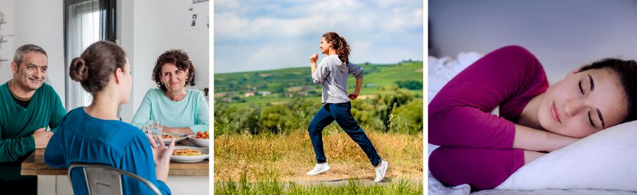 Una ragazza è a tavola e mangia insieme ai suoi genitori, corre e dorme