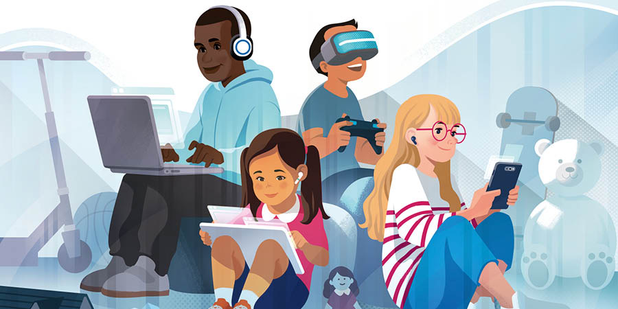 Bambini di età diverse giocano usando dispositivi elettronici, invece di usare i giocattoli o di fare sport.