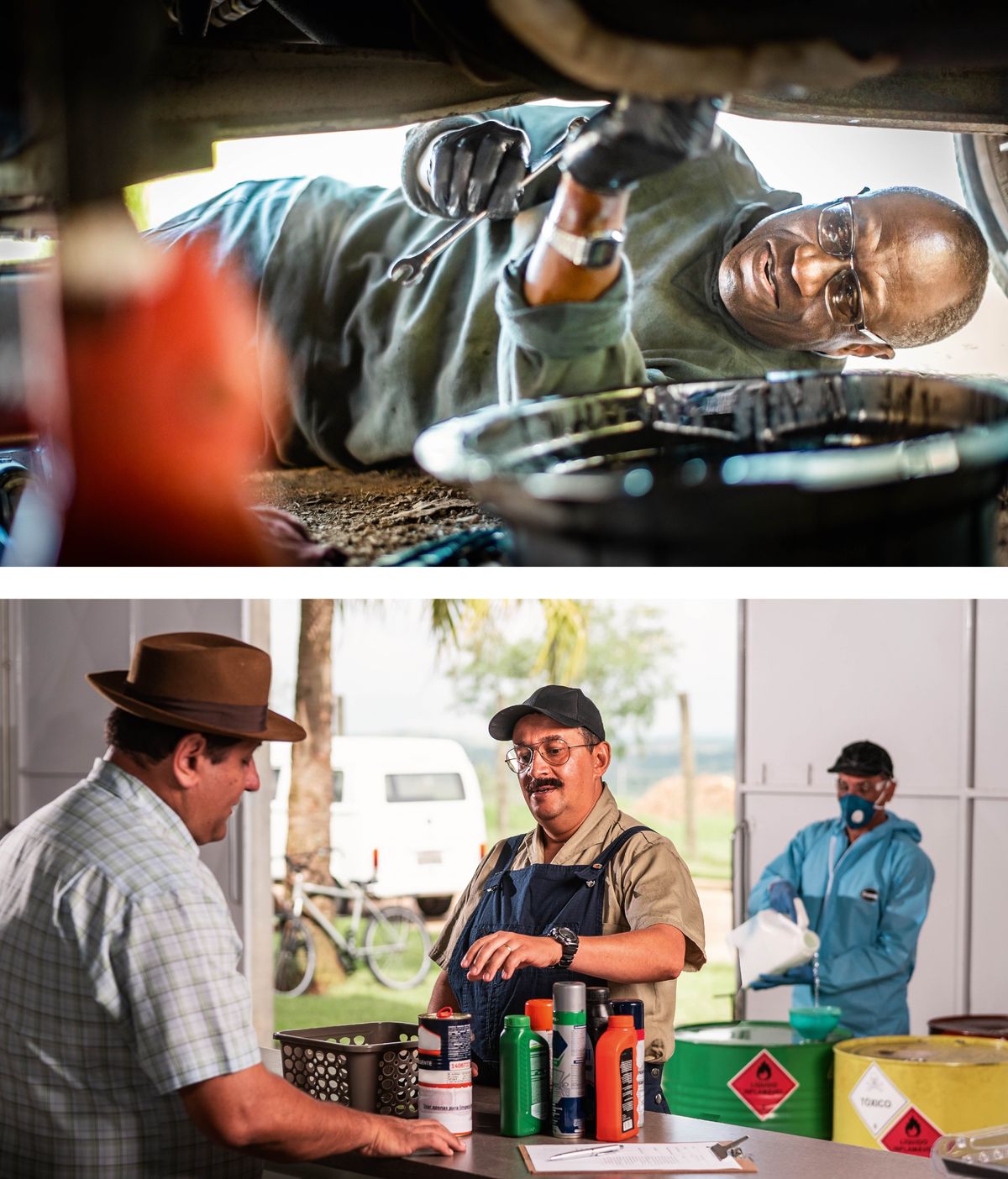 Collage: 1. Un uomo ripara la sua auto, che perde olio. Usa un contenitore per recuperare l’olio. 2. Un uomo consegna dei contenitori di prodotti chimici perché siano smaltiti correttamente.