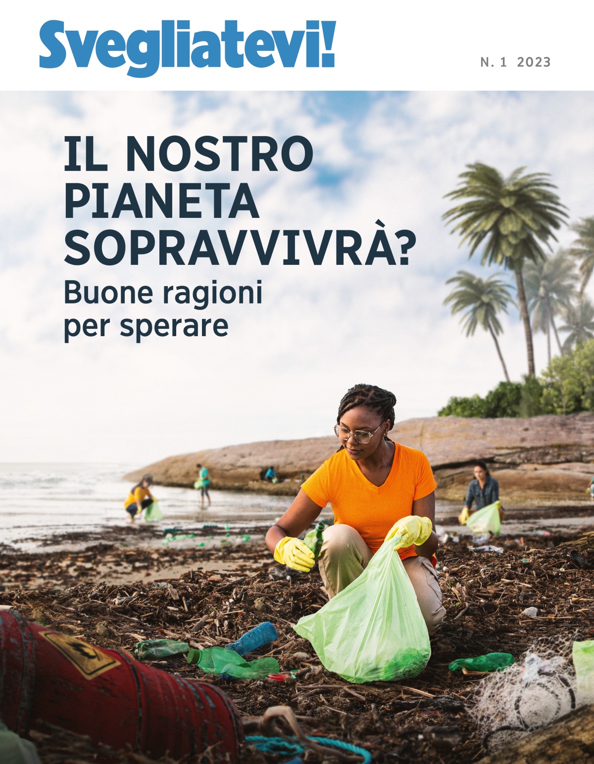 Su una spiaggia un gruppo di persone raccoglie rifiuti.