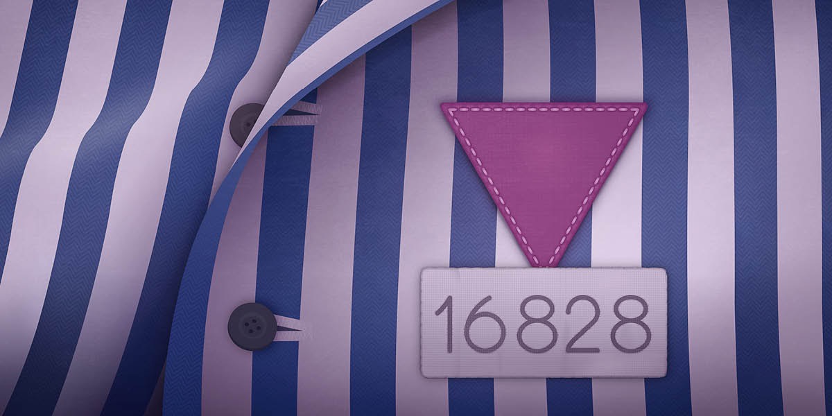 Un’uniforme a strisce con il numero assegnato al prigioniero e un triangolo viola, usato per distinguere i Testimoni di Geova nei campi di concentramento nazisti.