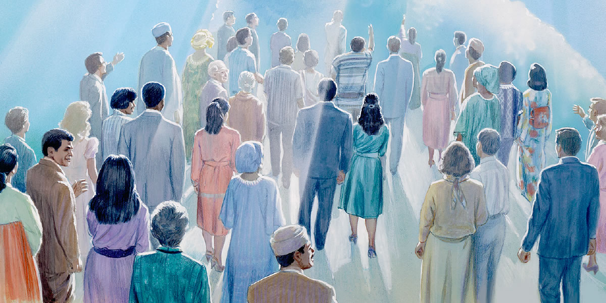 Persone di tutte le nazioni guardano verso il cielo in attesa del giudizio di Gesù