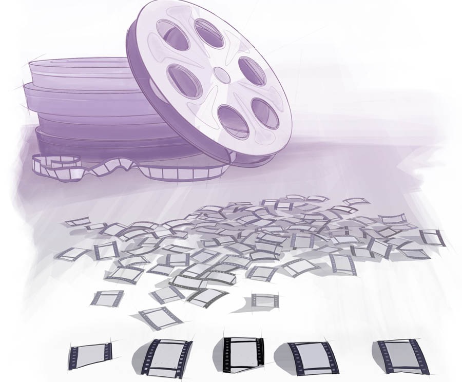 Una pellicola di un film intera e alcuni fotogrammmi del film