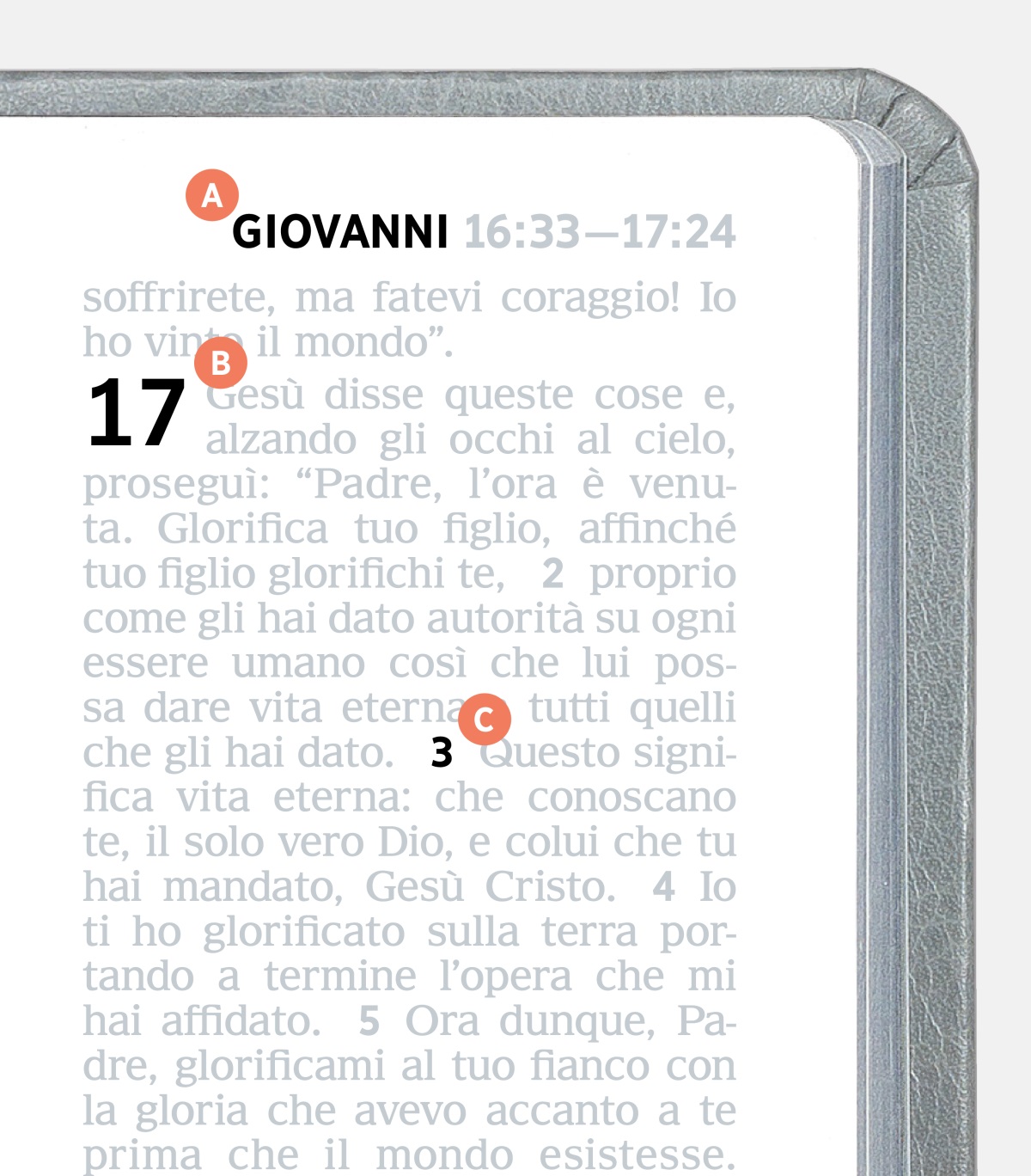 Le lettere A, B e C su una pagina della Bibbia indicano le parti di un riferimento.
