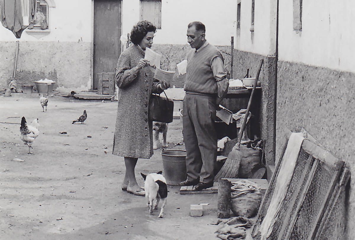 Phyllis dà testimonianza a un uomo che è davanti a casa sua mentre cani e galline vagano per strada.