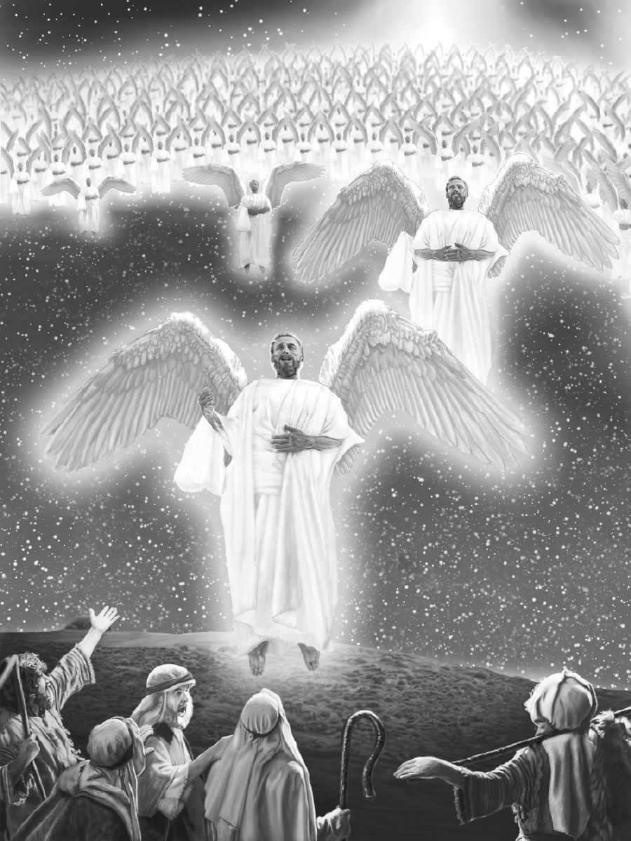 I pastori osservano gli angeli che lodano Dio