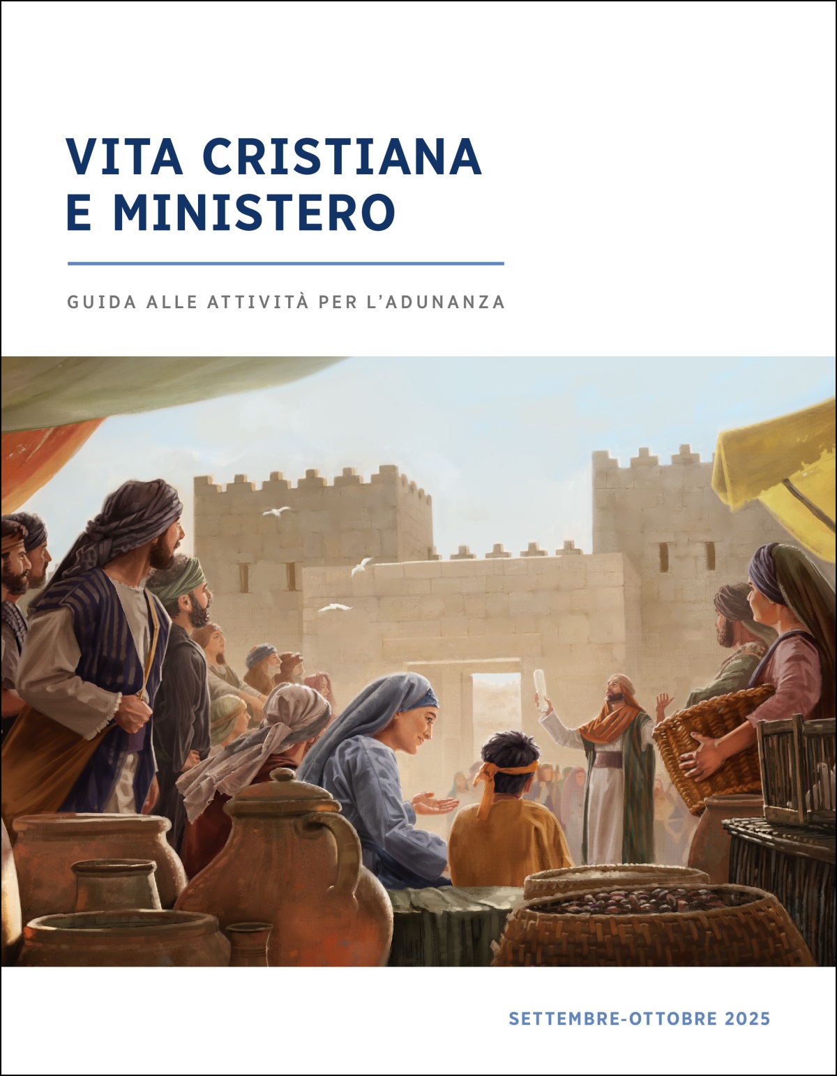 Un gruppo di israeliti vicino alla porta della città mentre ascolta un sacerdote che ha in mano un rotolo.