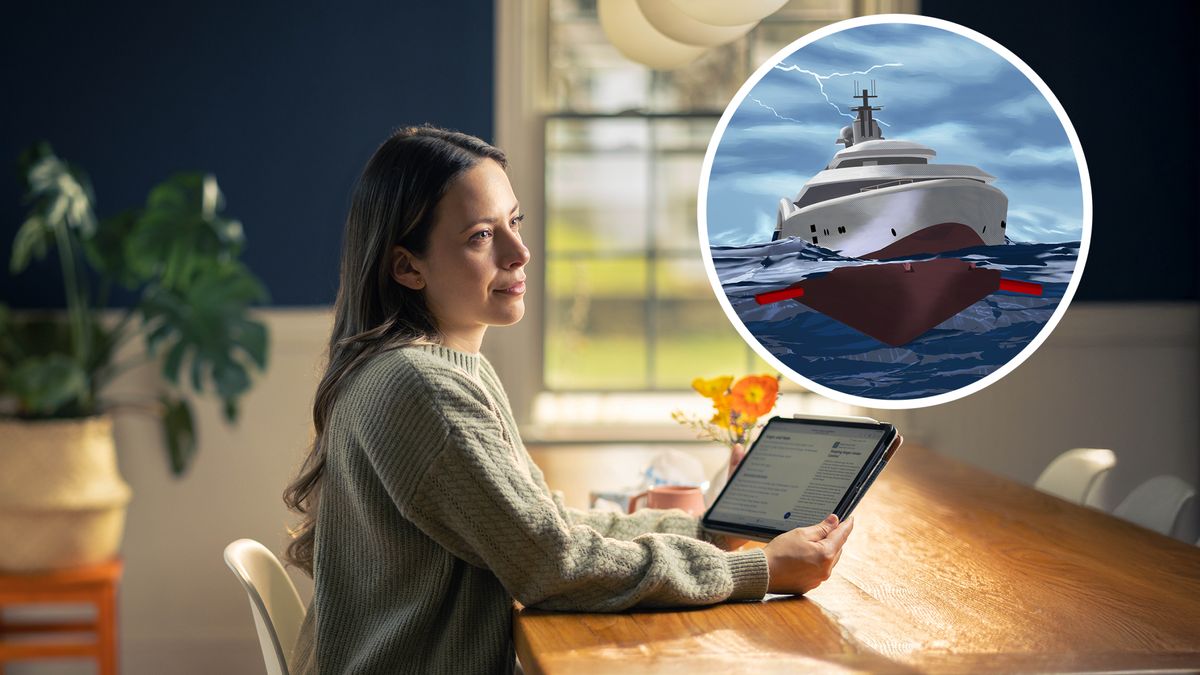 Mentre studia con il tablet, una sorella medita su ciò che ha letto. Nel cerchio si vede una nave con gli stabilizzatori che si estendono sott’acqua durante una tempesta.