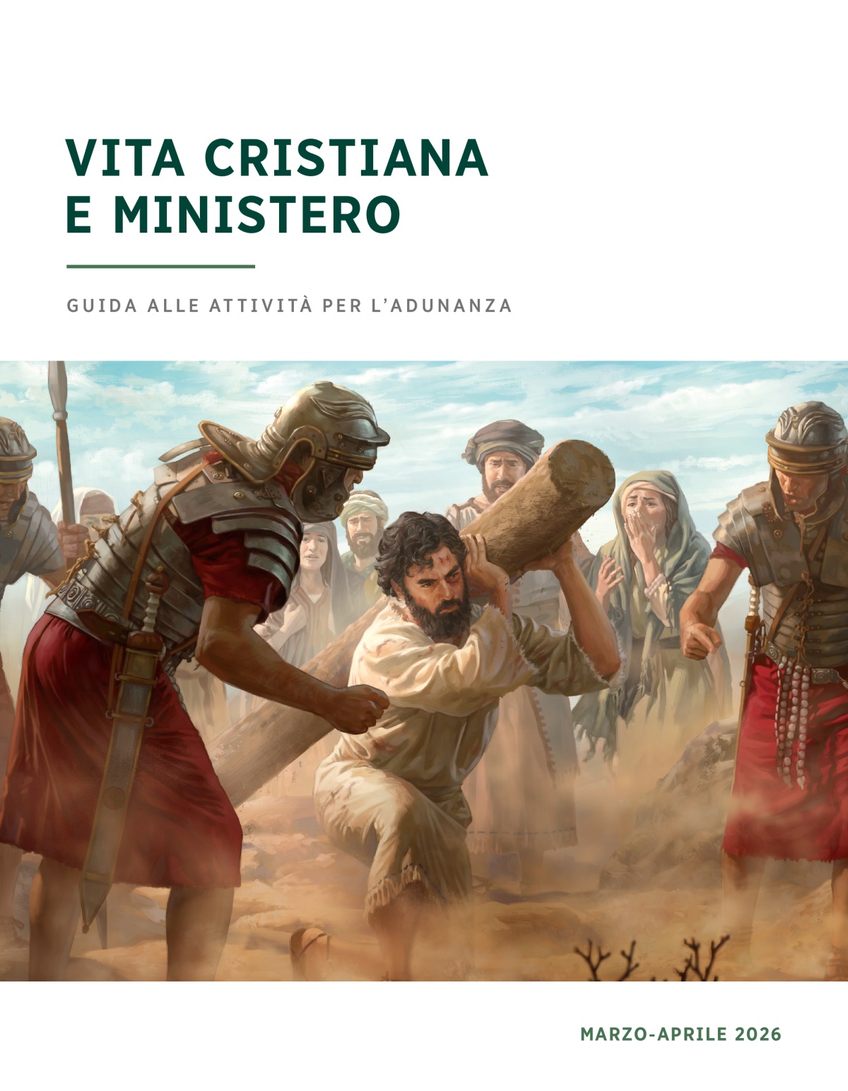 Con molta fatica Gesù porta il suo palo di tortura mentre dei soldati romani urlano contro di lui. Un gruppo di ebrei soffre nel vedere Gesù in questo stato.