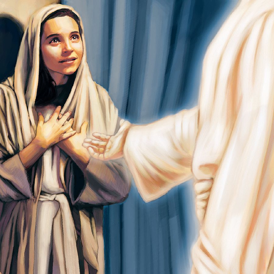 Maria guarda l’angelo Gabriele mentre lui le tende la mano