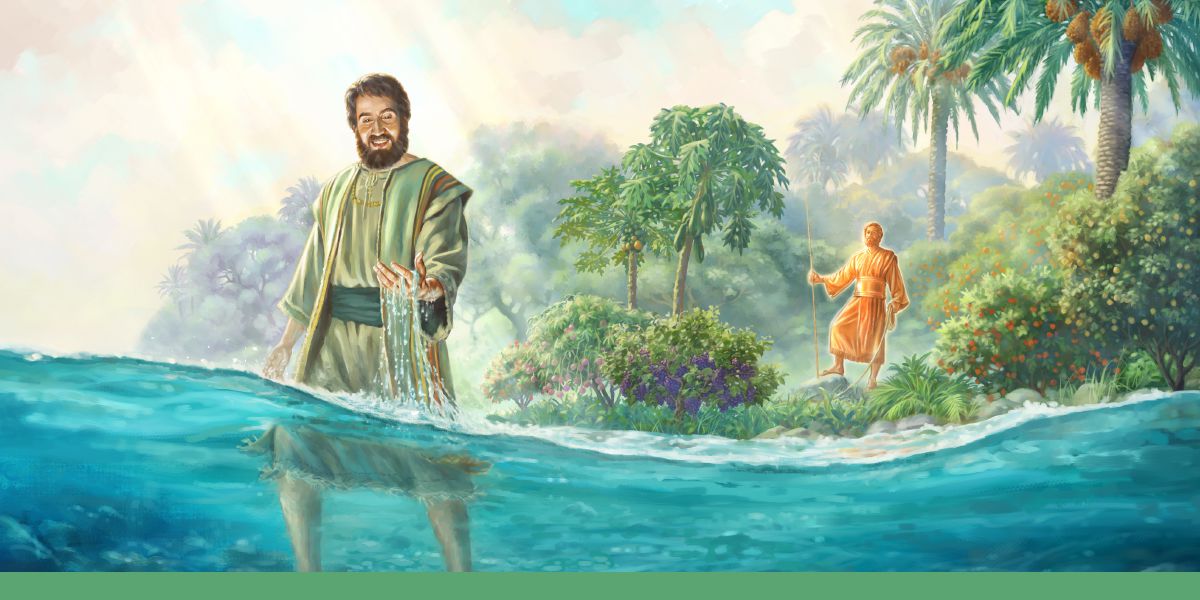 Ezechiele cammina in un fiume mentre un uomo dall’aspetto simile a quello del rame lo guarda dalla sponda.