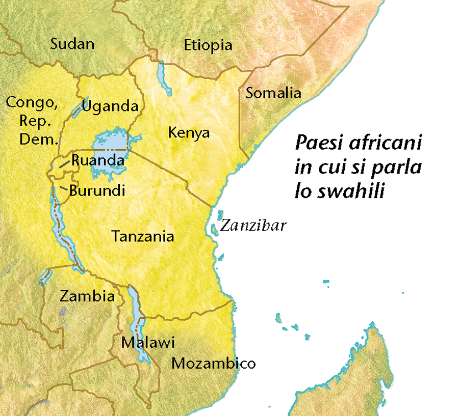 Cartina dei paesi africani in cui si parla lo swahili