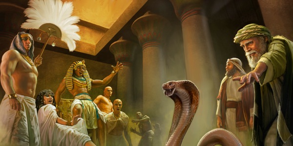 La verga di Mosè si trasforma in un serpente davanti al faraone e alla sua corte