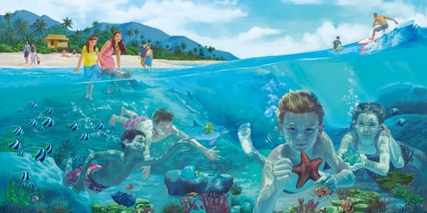 Persone che si godono il mare su una terra paradisiaca