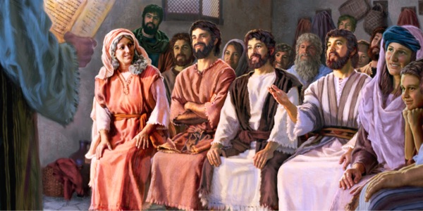 Maria seduta con i suoi figli maschi a un’adunanza cristiana; uno di loro fa un commento