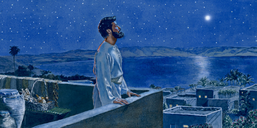 Di sera un uomo dei tempi biblici medita su un terrazzo