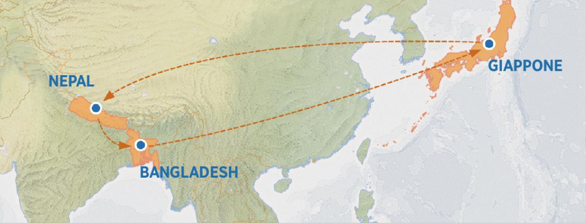 Una cartina che mostra l’itinerario percorso fra Giappone, Nepal e Bangladesh, e di nuovo in Giappone