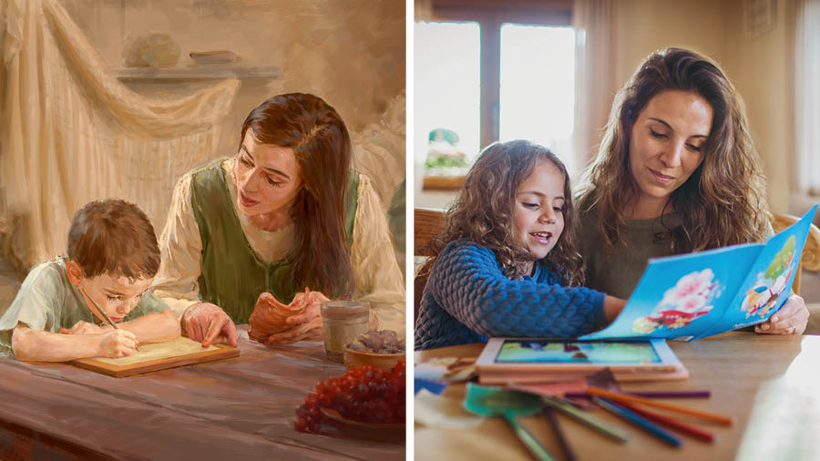 Collage: 1. Maria aiuta il piccolo Gesù a copiare un passo delle Scritture su una tavoletta. 2. Una madre usa una pubblicazione adatta ai bambini per insegnare qualcosa dalla Parola di Dio a sua figlia.