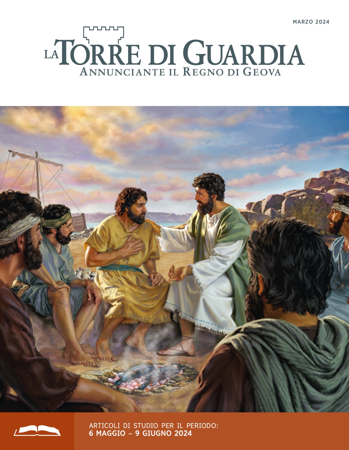 Gesù parla con Pietro e gli altri apostoli ascoltano attentamente. Si vede anche del pesce sul fuoco.