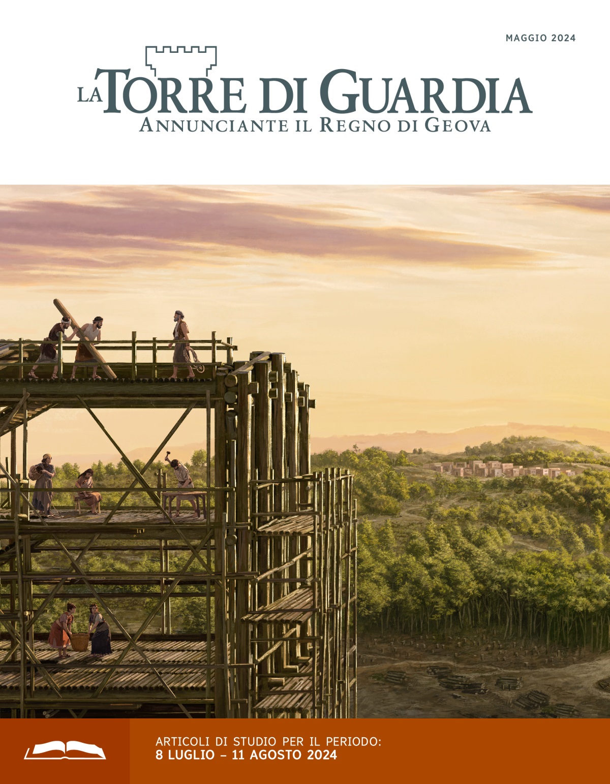 Noè e la sua famiglia lavorano sull’arca, che è ancora in costruzione. Sullo sfondo si vede un villaggio circondato dalla foresta.