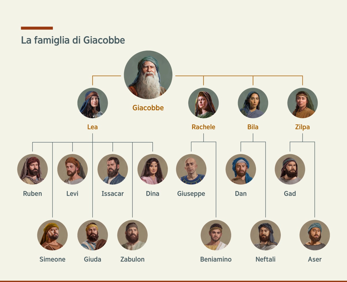 Schema che mostra l’albero genealogico di Giacobbe. Giacobbe ha due mogli, Lea e Rachele, e due concubine, Bila e Zilpa. I figli che ha avuto da Lea sono Ruben, Simeone, Levi, Giuda, Issacar, Zabulon e Dina. I figli che ha avuto da Rachele sono Giuseppe e Beniamino. I figli che ha avuto da Bila sono Dan e Neftali. I figli che ha avuto da Zilpa sono Gad e Aser.