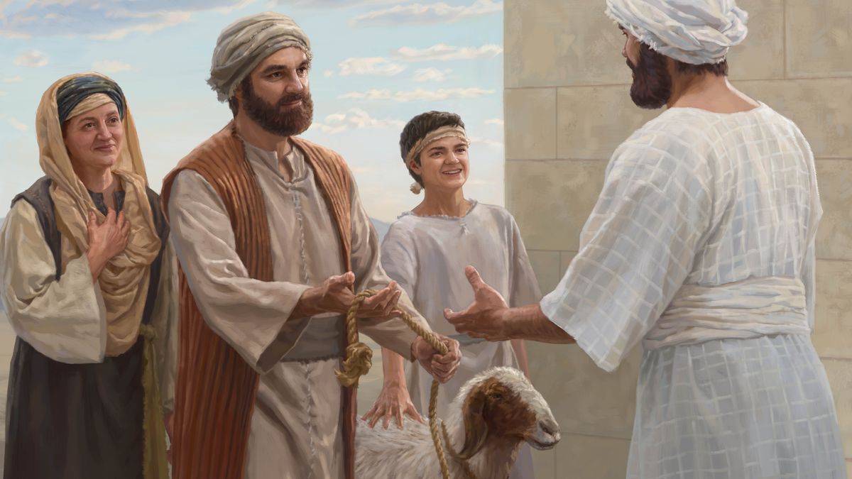 Al tempio, una famiglia israelita dà con gioia una pecora a un sacerdote.