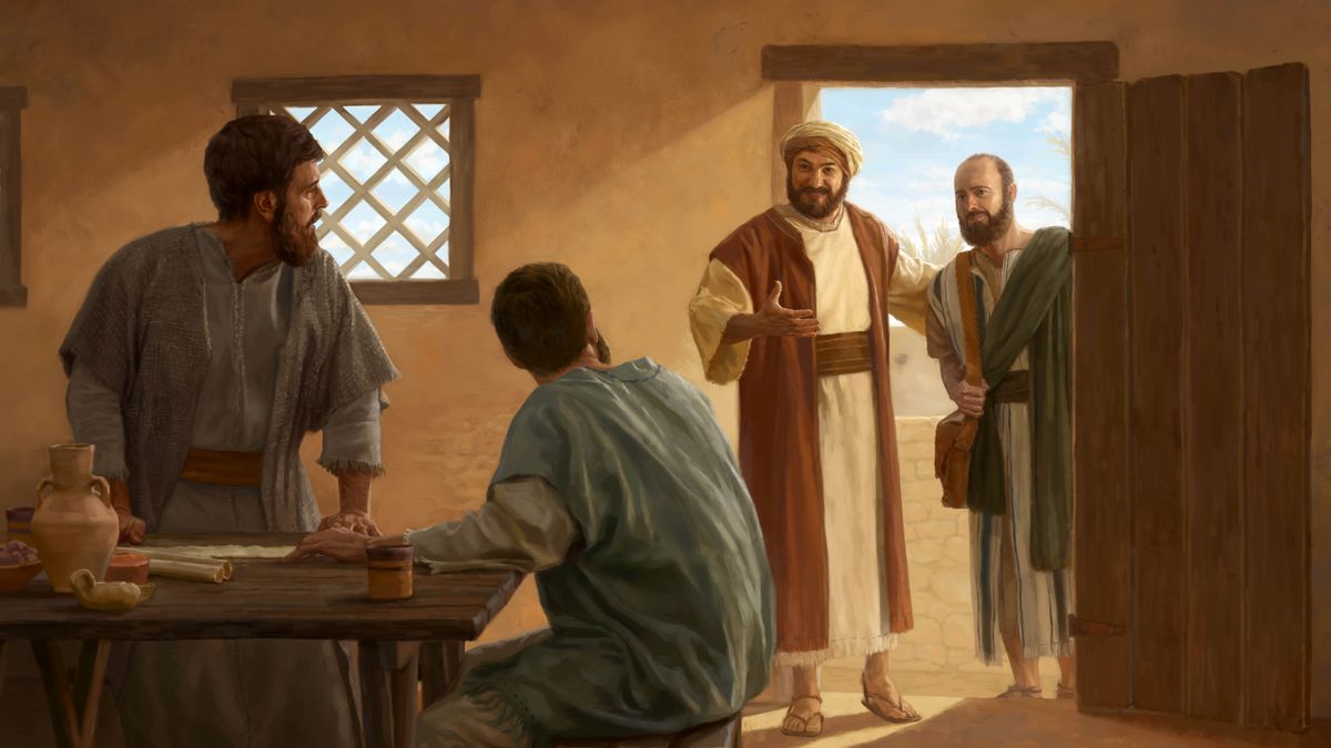 Barnaba entra in una casa ed è felice di presentare Saulo a due apostoli, che stanno esaminando dei rotoli.