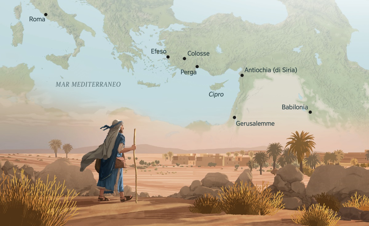 Marco cammina in un deserto, diretto verso una città che si vede in lontananza. Sullo sfondo una cartina mostra alcuni luoghi in cui potrebbe essere stato: 1. Roma. 2. Efeso. 3. Colosse. 4. Perga. 5. Cipro. 6. Antiochia (di Siria). 7. Gerusalemme. 8. Babilonia.