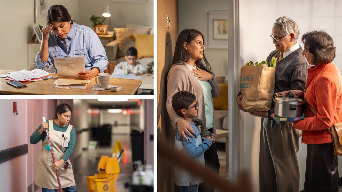 Collage: Una madre single affronta difficoltà economiche. Le successive tre immagini mostrano ogni scena separatamente.