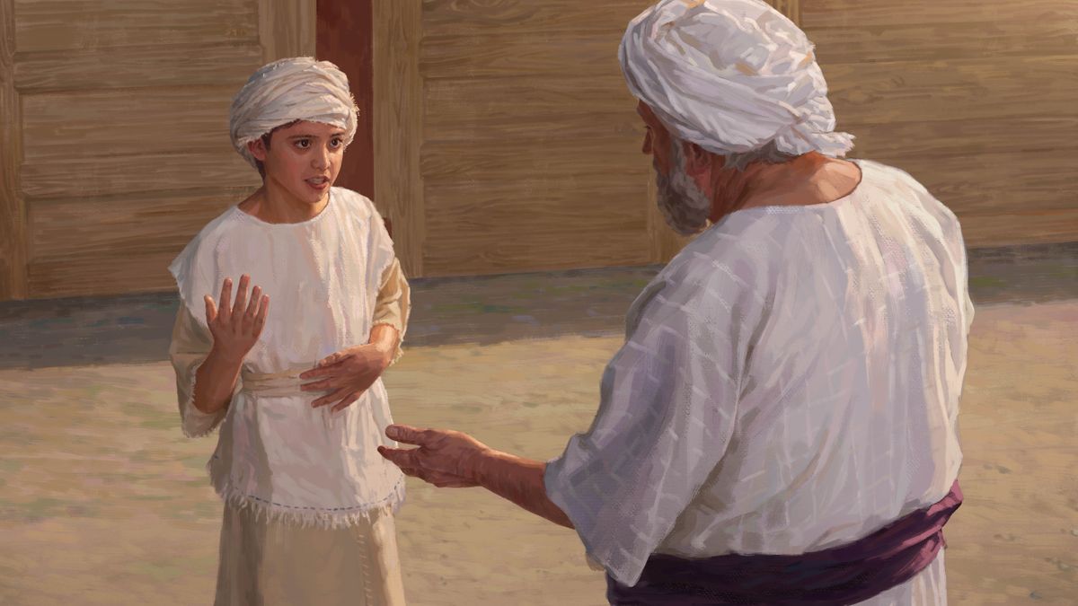 Il piccolo Samuele parla con il sommo sacerdote Eli davanti alle porte del cortile del tabernacolo.