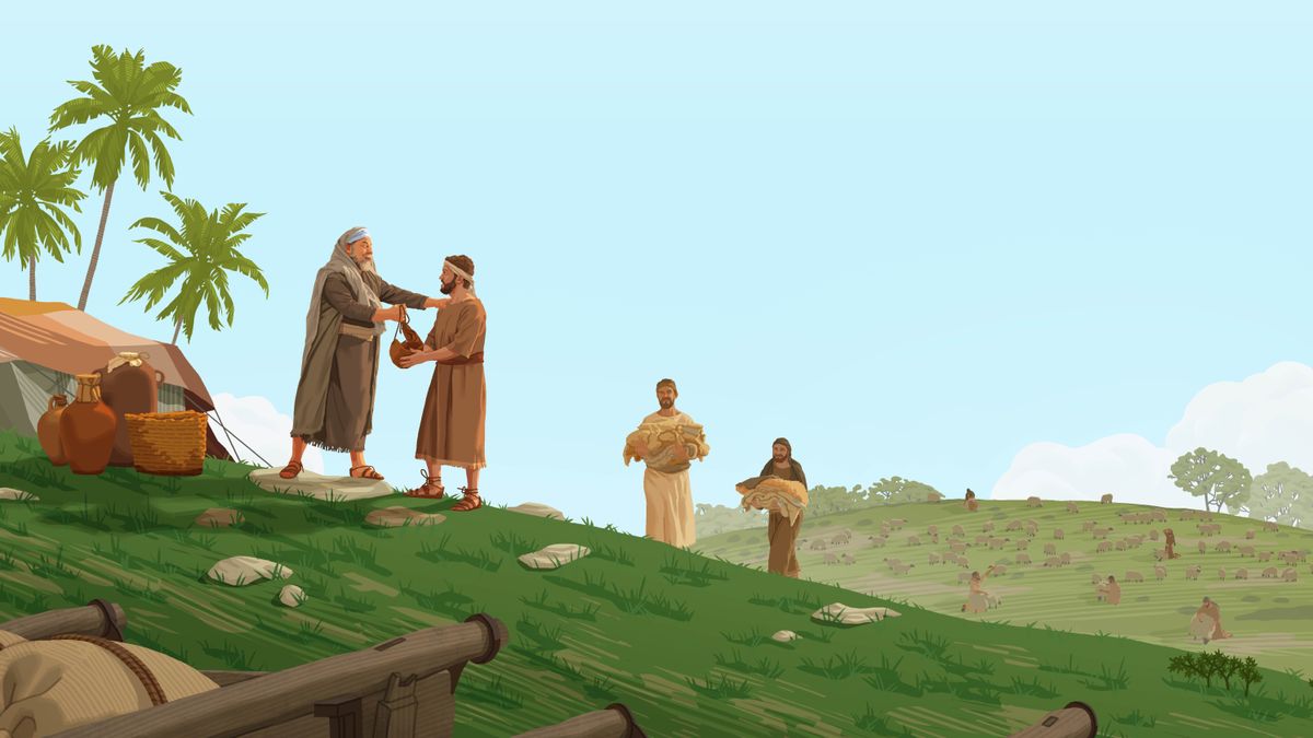Un uomo che ha un gregge è fuori dalla sua tenda ed è felice di fare un dono a uno dei suoi tosatori. Altri tosatori camminano verso di lui portando della lana.