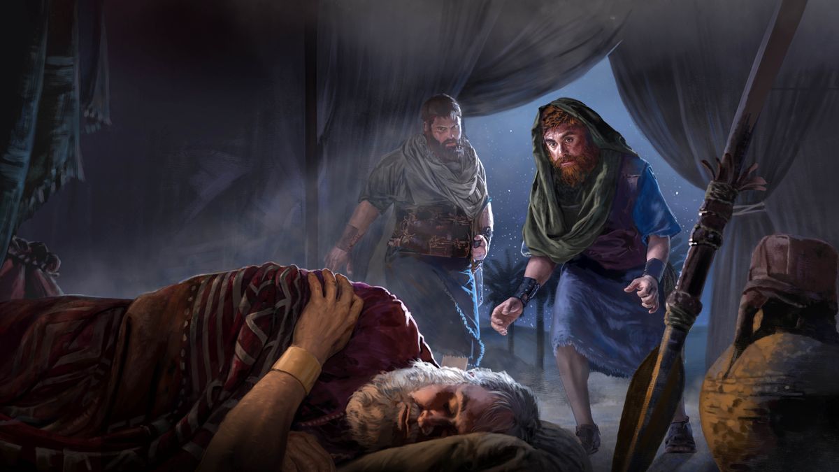 Di notte Davide e Abisai entrano furtivamente nella tenda di Saul mentre lui è profondamente addormentato. La lancia di Saul è piantata nel terreno vicino alla sua testa.