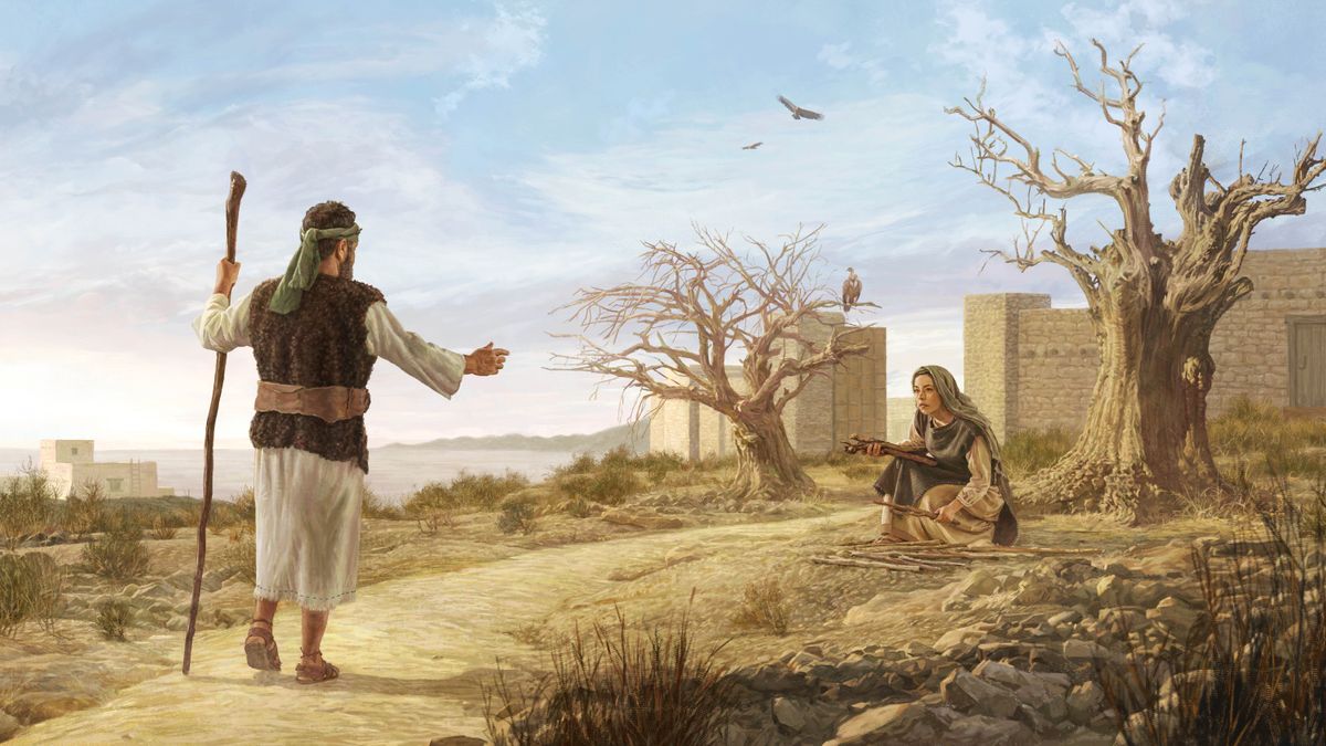 Il profeta Elia si avvicina alla vedova di Sarepta, che sta raccogliendo legna fuori dalla città. Il paesaggio è arido e desolato, e gli alberi sono spogli.