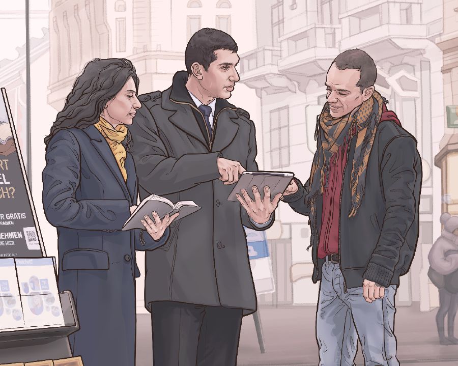 Testimoni di Geova predicano a un uomo accanto a un espositore mobile