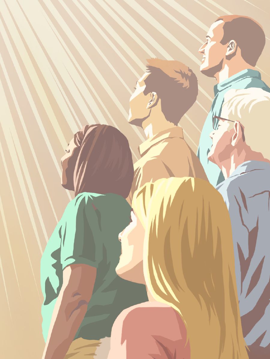 Persone di varie razze ed età che guardano in alto