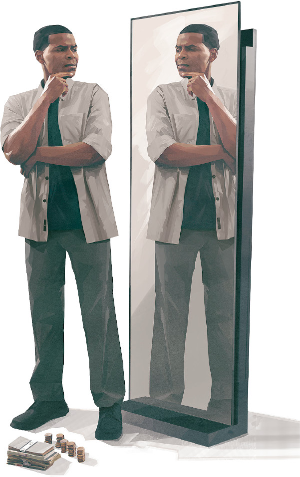 1人の男性が，積み上げたお金を前にして，鏡に映った自分を分析している