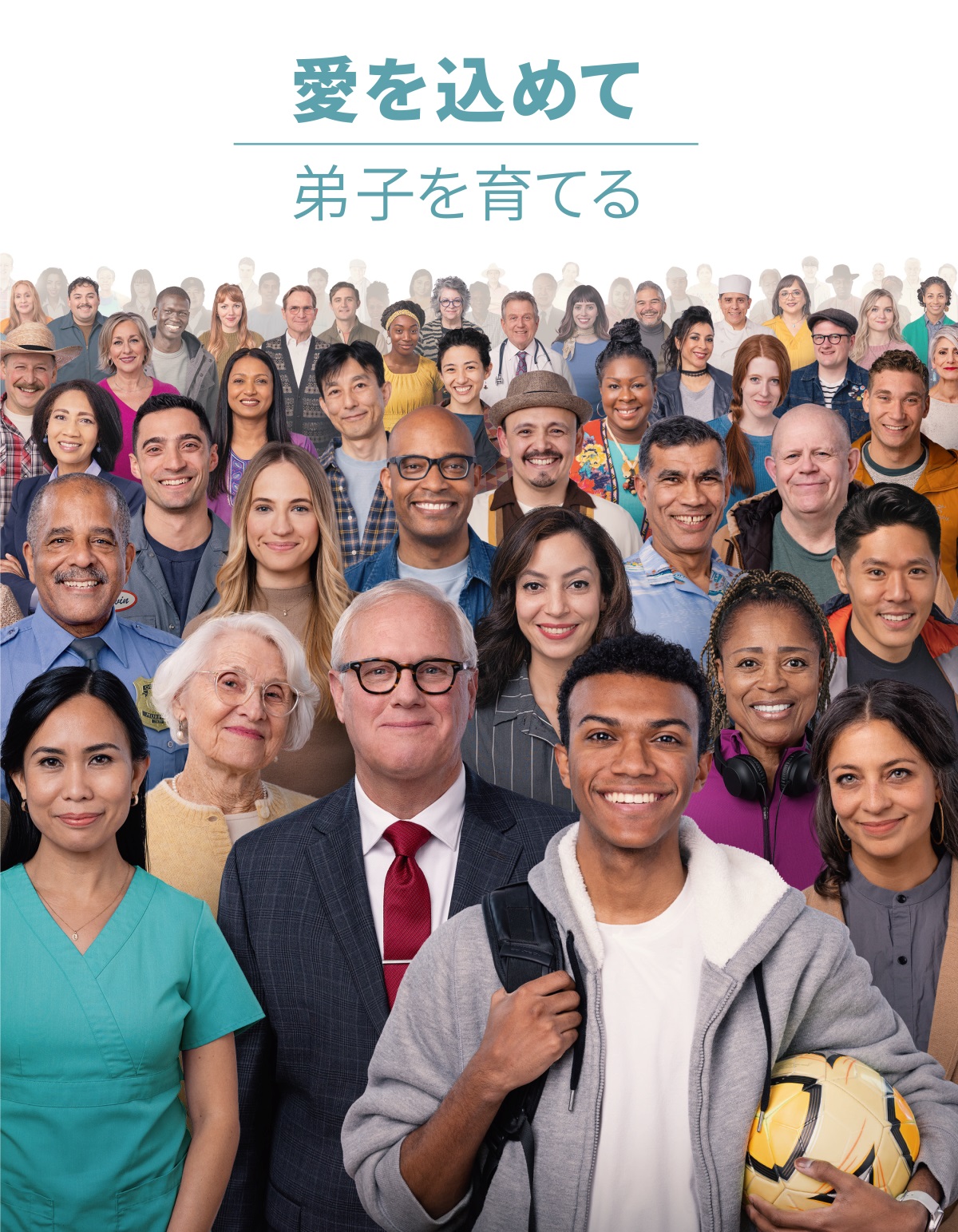 いろいろな人種や国や年齢の男女が笑顔で立っている。