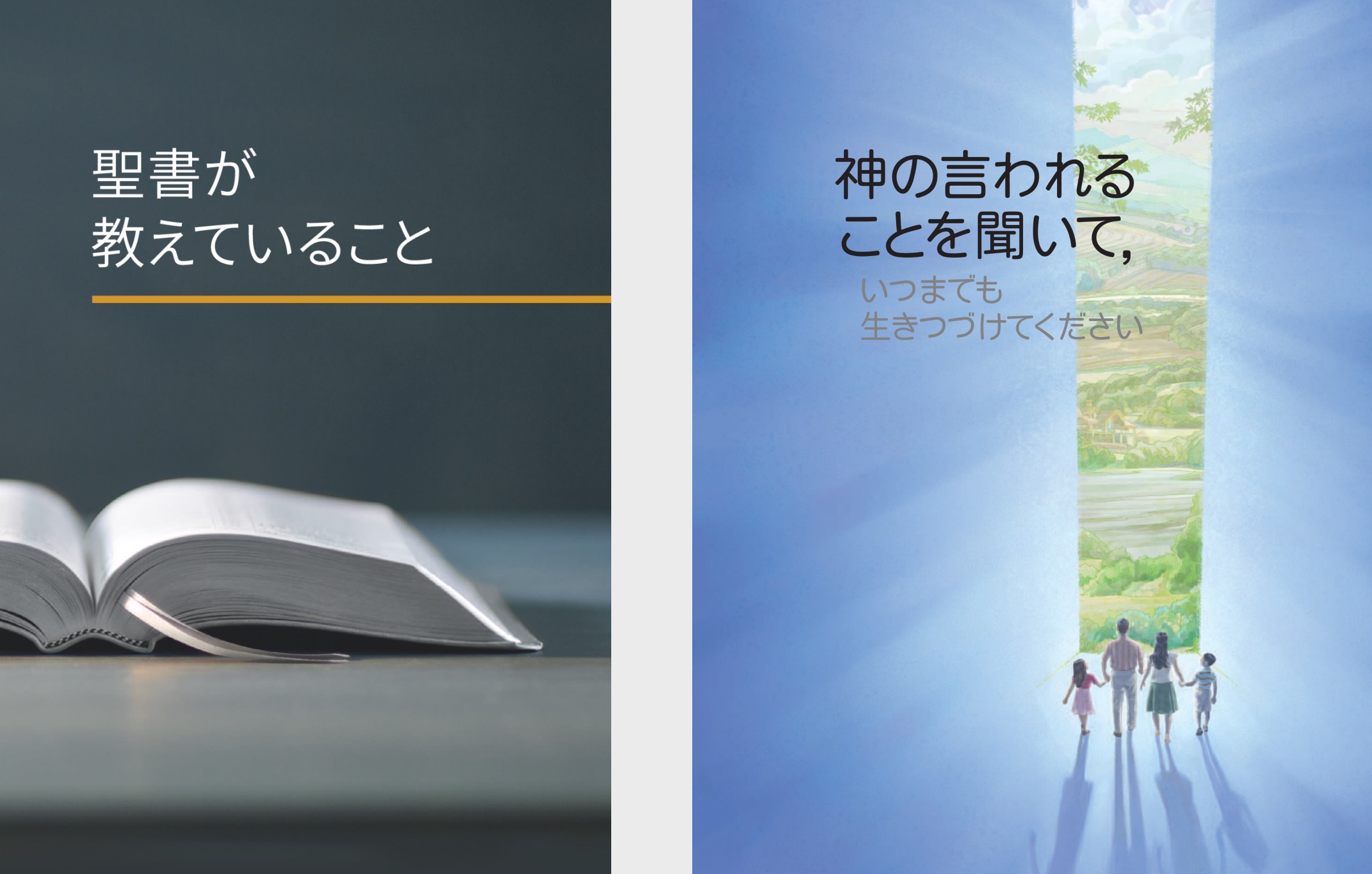 「聖書が教えていること」の本と「神の言われることを聞いて，いつまでも生きつづけてください」の冊子