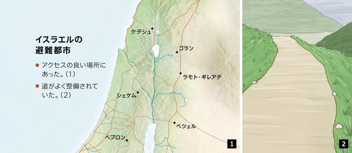 イスラエルの6つの避難都市を示す地図。よく整備された道