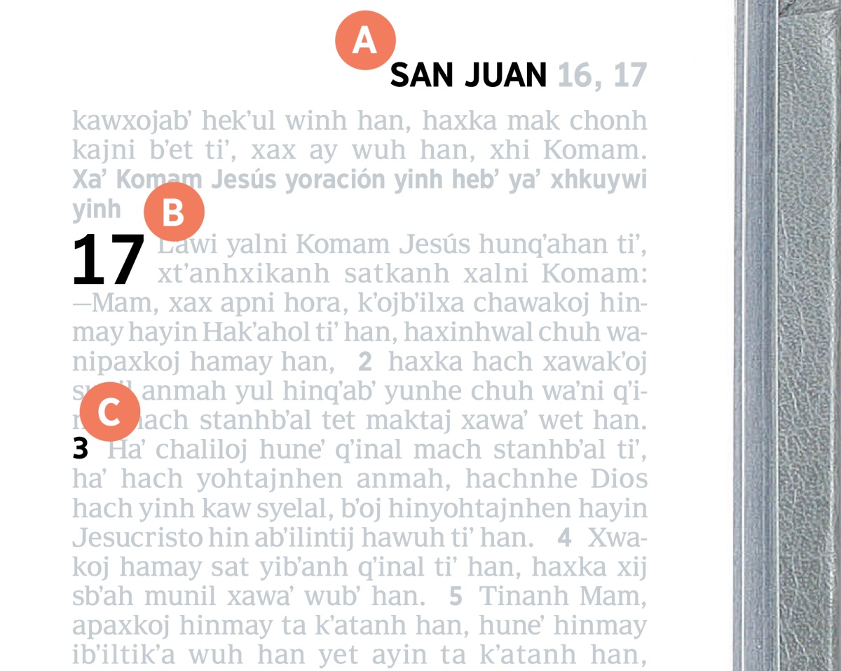 Echele xhtihniloj tzet aykoj yinh A, B bʼoj C yinh huneʼ página yet teʼ Biblia.