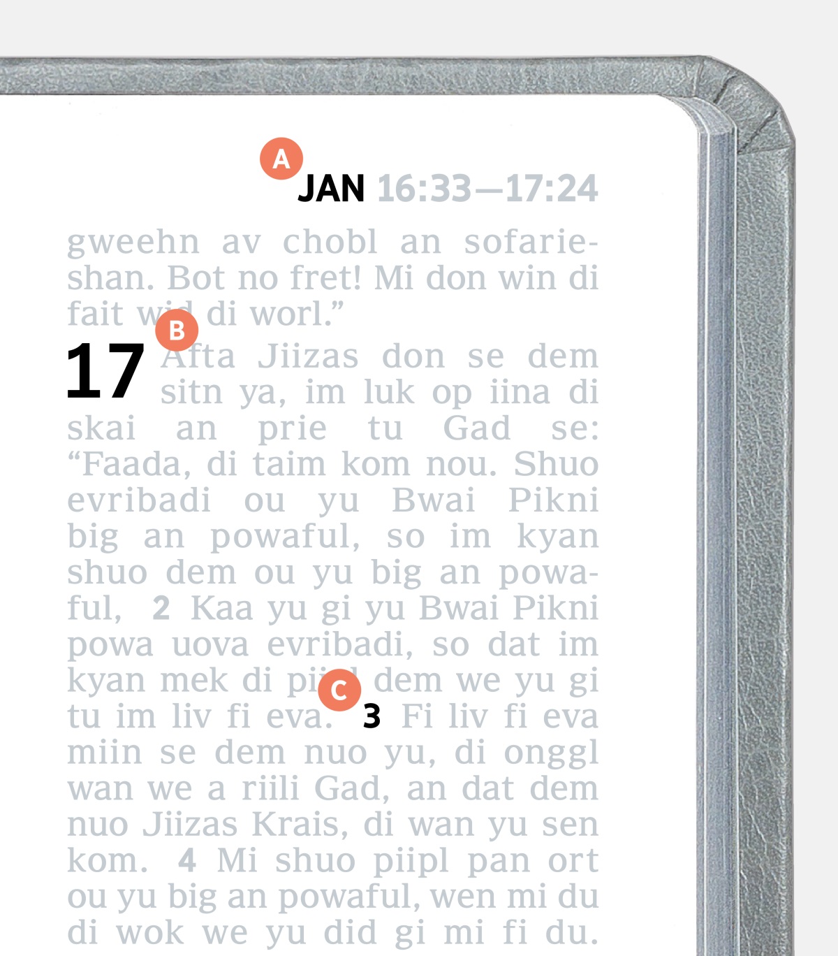 Som liebl we a shuo wa de iina A, B, an C an dem de pan wan piej iina di Baibl.