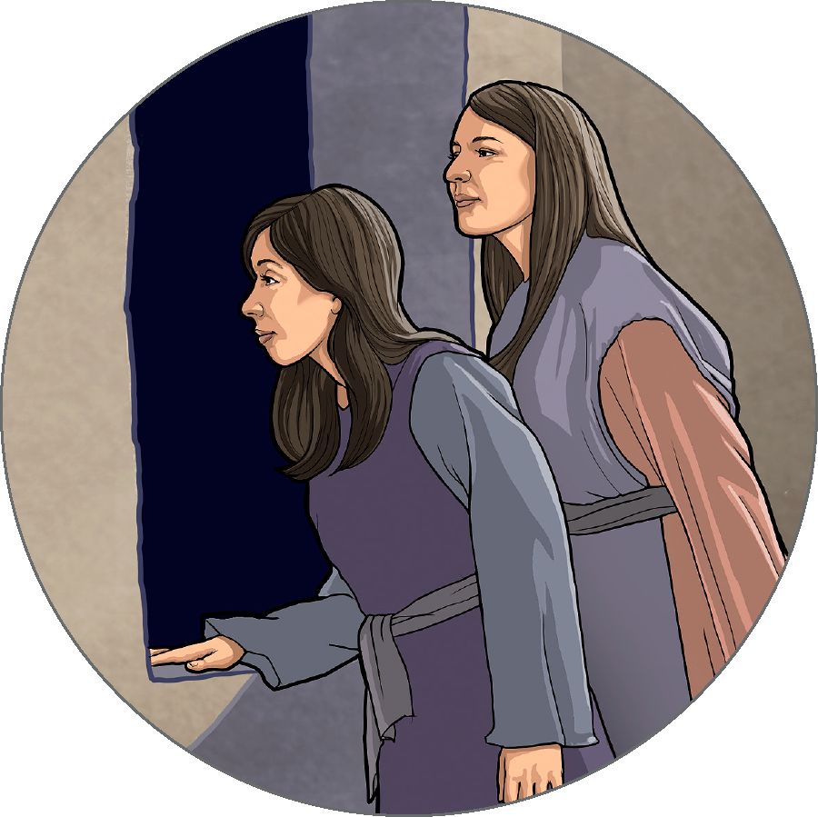 婦人たちが窓から外を見ている