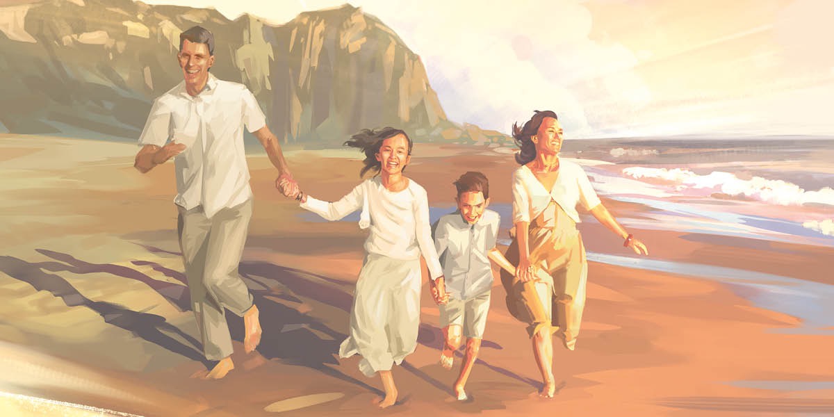 Keluarga bahagia sing lagi gandhèngan tangan lan mlayu ing pinggir pantai