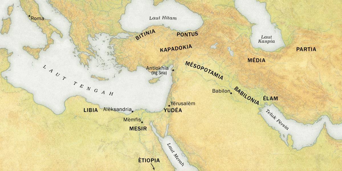 Péta dhaérah asalé wong-wong sing krungu kabar apik pas Péntakosta 33 M. 1. Wilayah: Libia, Mesir, Ètiopia, Bitinia, Pontus, Kapadokia, Yudéa, Mésopotamia, Babilonia, Élam, Média, lan Partia. 2. Kutha: Roma, Alèksandria, Mèmfis, Antiokhia (ing Siria), Yérusalèm, lan Babilon. 3. Laut lan teluk: Laut Tengah, Laut Hitam, Laut Merah, Laut Kaspia, lan Teluk Pèrsia.