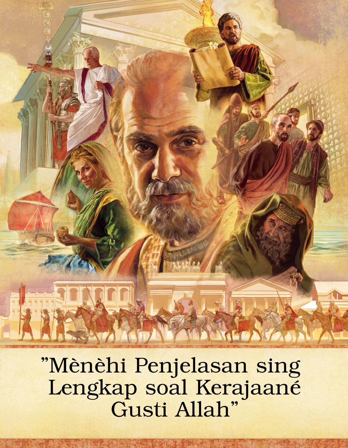 Gambar: Wong-wong lan panggonan sing dicritakké ing buku Kisah. 1. Rasul Paulus. 2. Tabita njait klambi. 3. Kapal dagang Romawi. 4. Galio lagi ngomong lan ing sebelahé ana prajurit Romawi. 5. Bangunan sing megah ing jamané para rasul. 6. Lukas maca gulungan. 7. Beberapa rasul dikawal petugas bait. 8. Wong Saduki. 9. Paulus dikawal prajurit Roma sing numpak jaran lan mlaku.